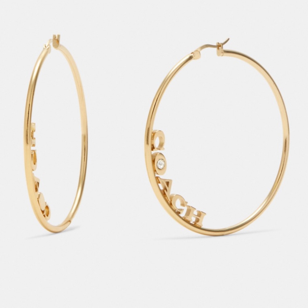Coach X Jennifer Lopez Signature Hoops Earrings J-Lo Medium 2.25" Logo Gold - Picture 3 of 9